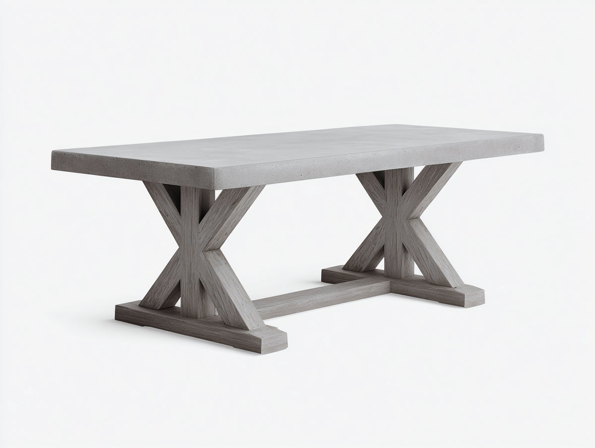 Console 240×95×76 cm - plateau gris béton et pieds en bois croisés - mobilier contemporain pour chambre à coucher
