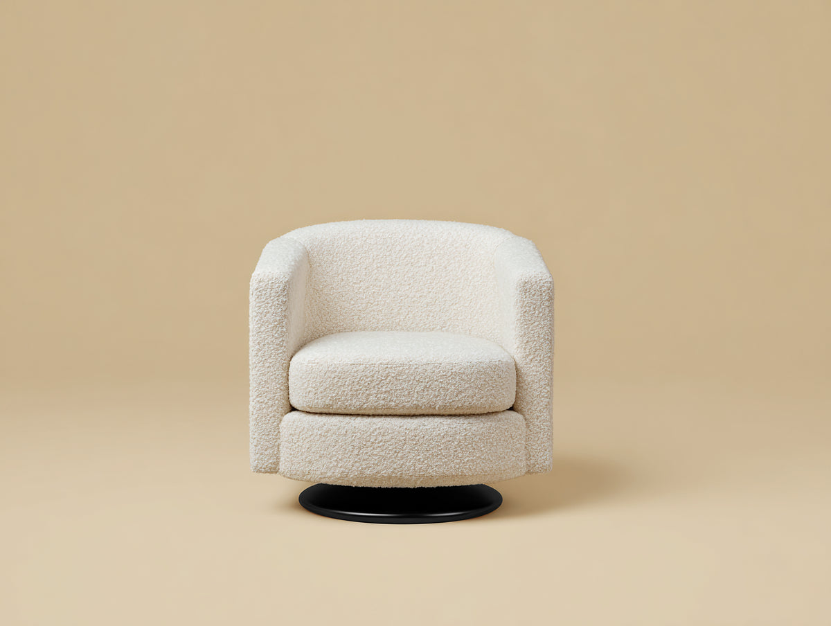 Fauteuil pivotant 86×82×78 cm - tissu bouclé blanc cassé et base noire - assise enveloppante moderne pour salon
