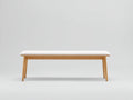 Banc 160×40×45 cm - tissu beige clair et pieds bois naturel - assise rembourrée style scandinave pour salle à manger