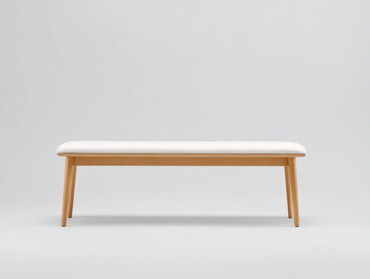 Banc 160×40×45 cm - tissu beige clair et pieds bois naturel - assise rembourrée style scandinave pour salle à manger