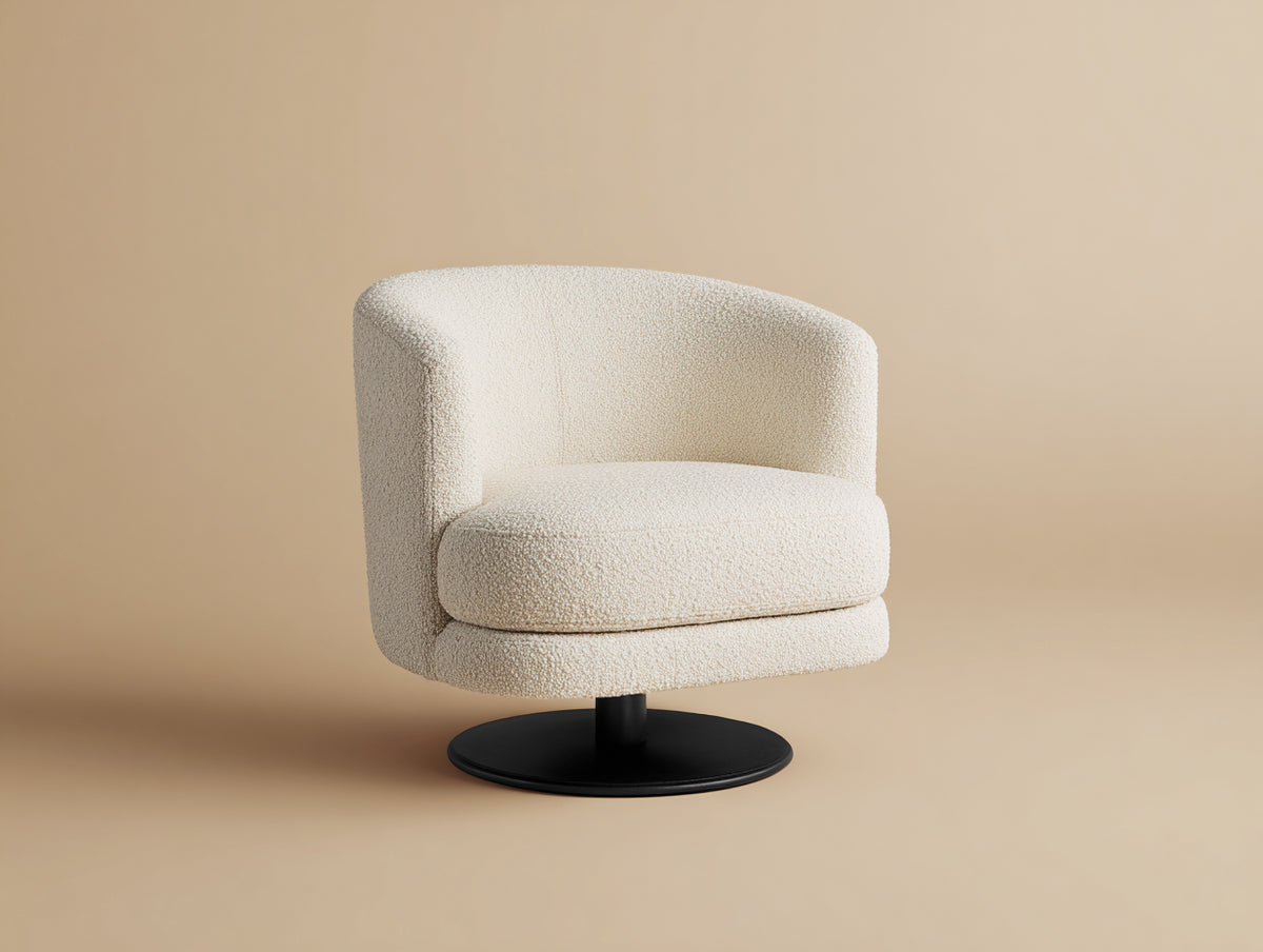 Fauteuil pivotant en tissu bouclé blanc 82×78×76 cm – base noire – style contemporain pour salon