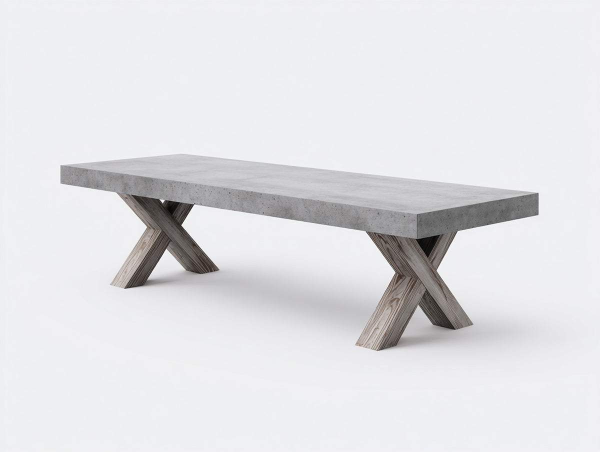 Console 240×95×76 cm - plateau gris effet béton et pieds croisés en bois texturé - meuble contemporain pour chambre à coucher