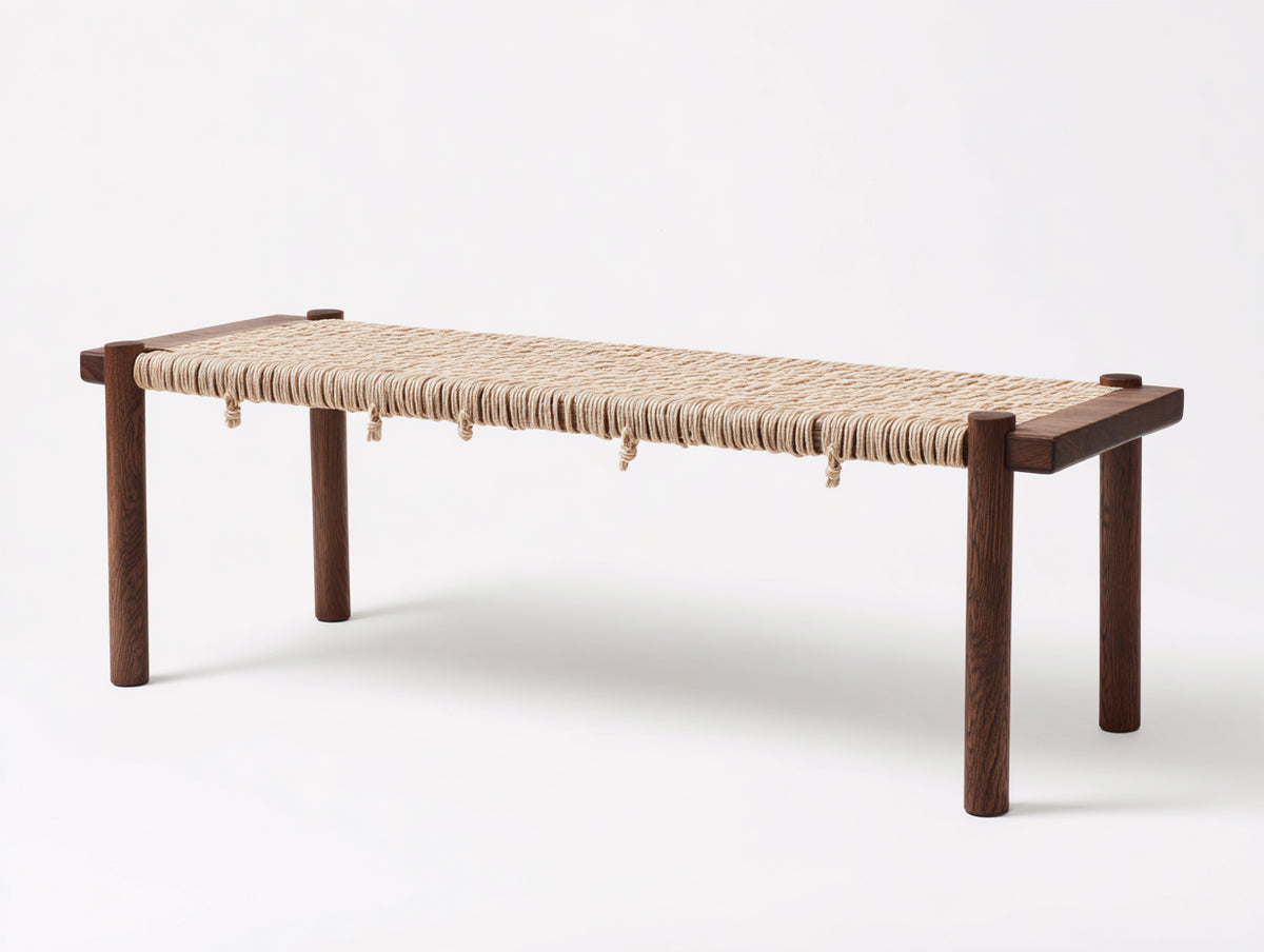 Banc 130×38×45 cm - bois foncé et corde beige - assise tressée artisanale pour salle à manger