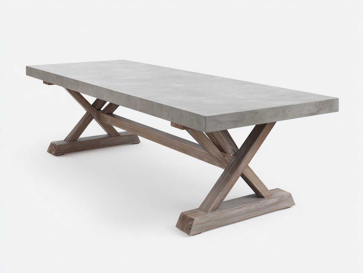 Console 220×90×76 cm - plateau effet béton gris et pieds croisés en bois naturel - style contemporain pour chambre à coucher