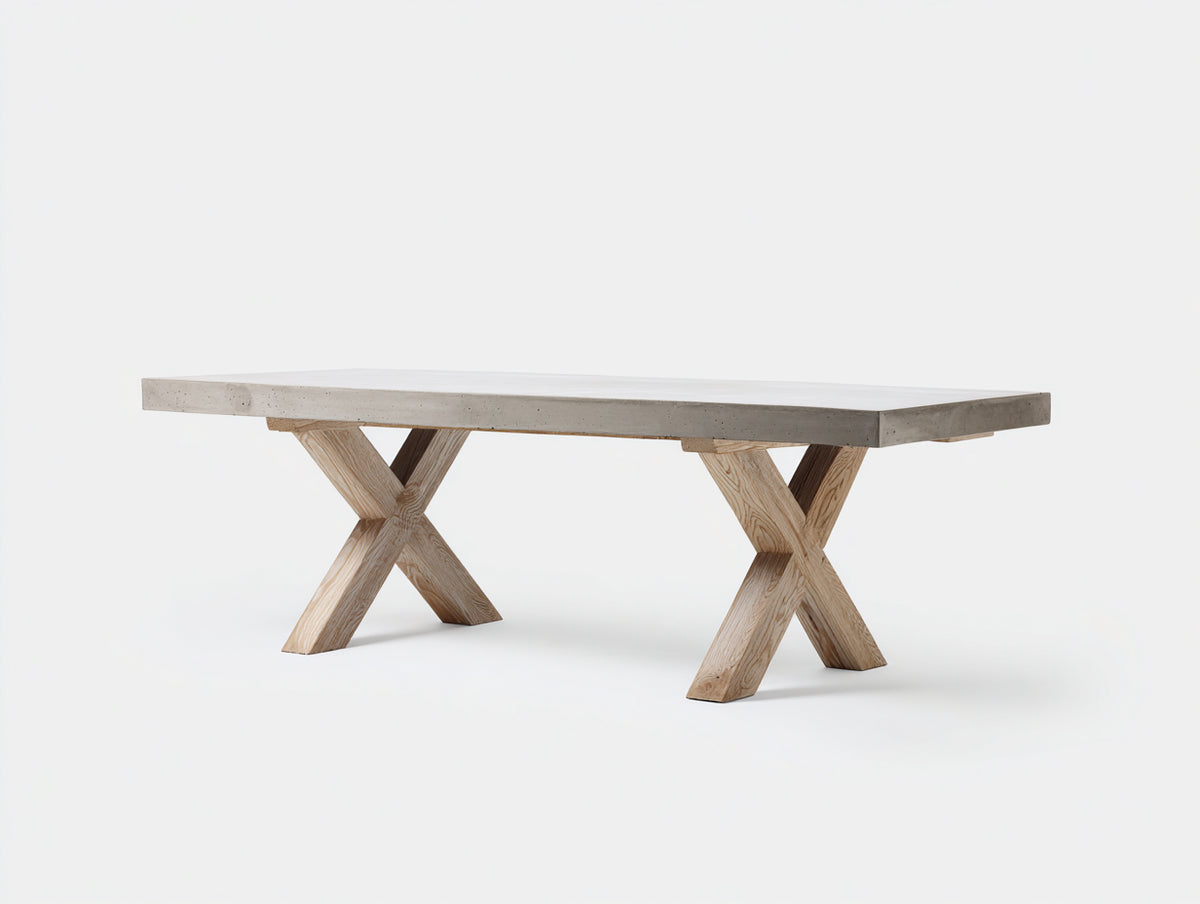 Console 210×85×75 cm - plateau gris effet pierre et base en bois clair croisée - meuble décoratif moderne chambre à coucher