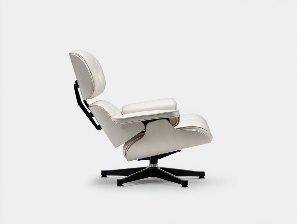 Fauteuil relax pivotant en cuir blanc 84×88×96 cm – base noire étoilée – siège lounge moderne pour salon