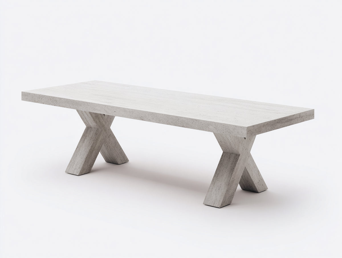 Console 235×92×75 cm - finition béton clair et pieds bois géométriques - mobilier moderne pour chambre à coucher