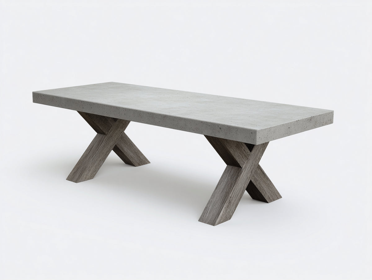 Console 240×95×76 cm - plateau effet béton gris et pieds croisés en bois foncé - design contemporain pour chambre à coucher