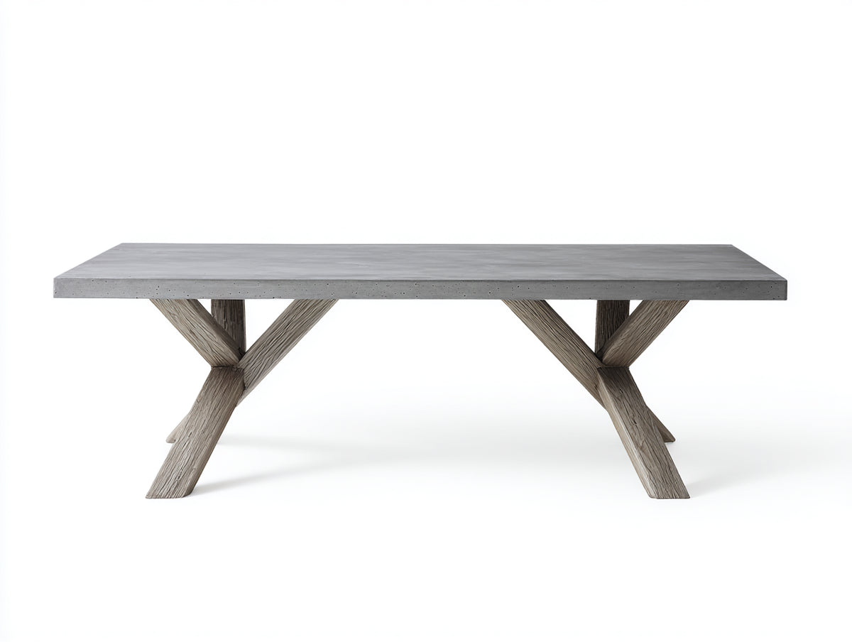 Console 260×100×76 cm - plateau gris béton et pieds en bois croisés - mobilier contemporain pour chambre à coucher