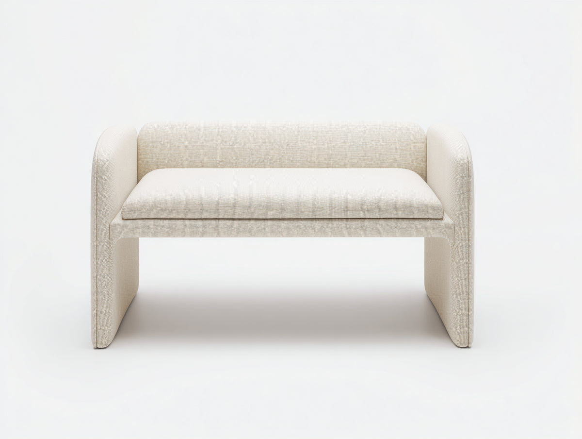 Banc 130×42×45 cm - tissu beige structure arrondie avec rangement intérieur - design minimaliste pour salle à manger