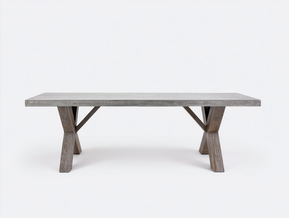 Console 250×95×75 cm - surface grise minérale et pieds bois géométriques - meuble design moderne chambre à coucher