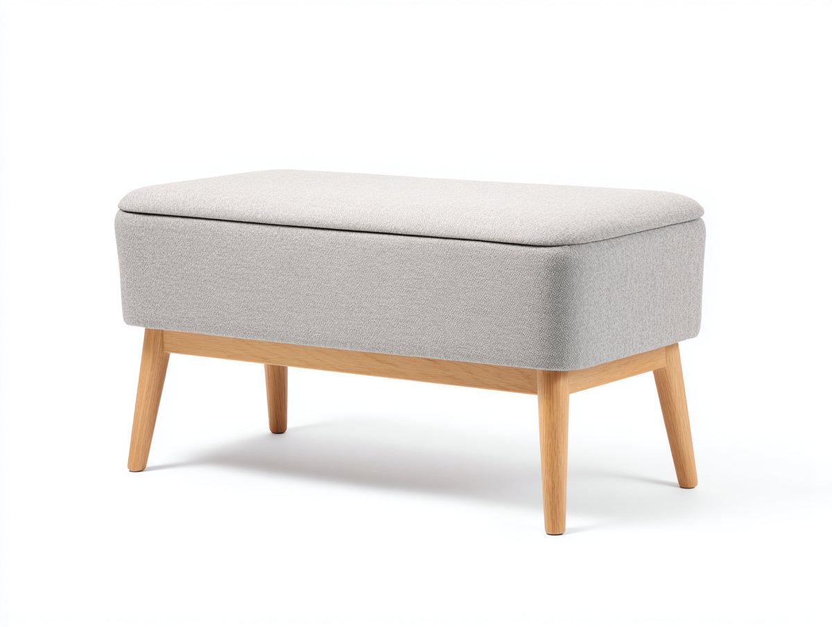 Banc rembourré 120×45×48 cm - tissu gris clair structure bois naturel avec coffre de rangement - style nordique pour salle à manger