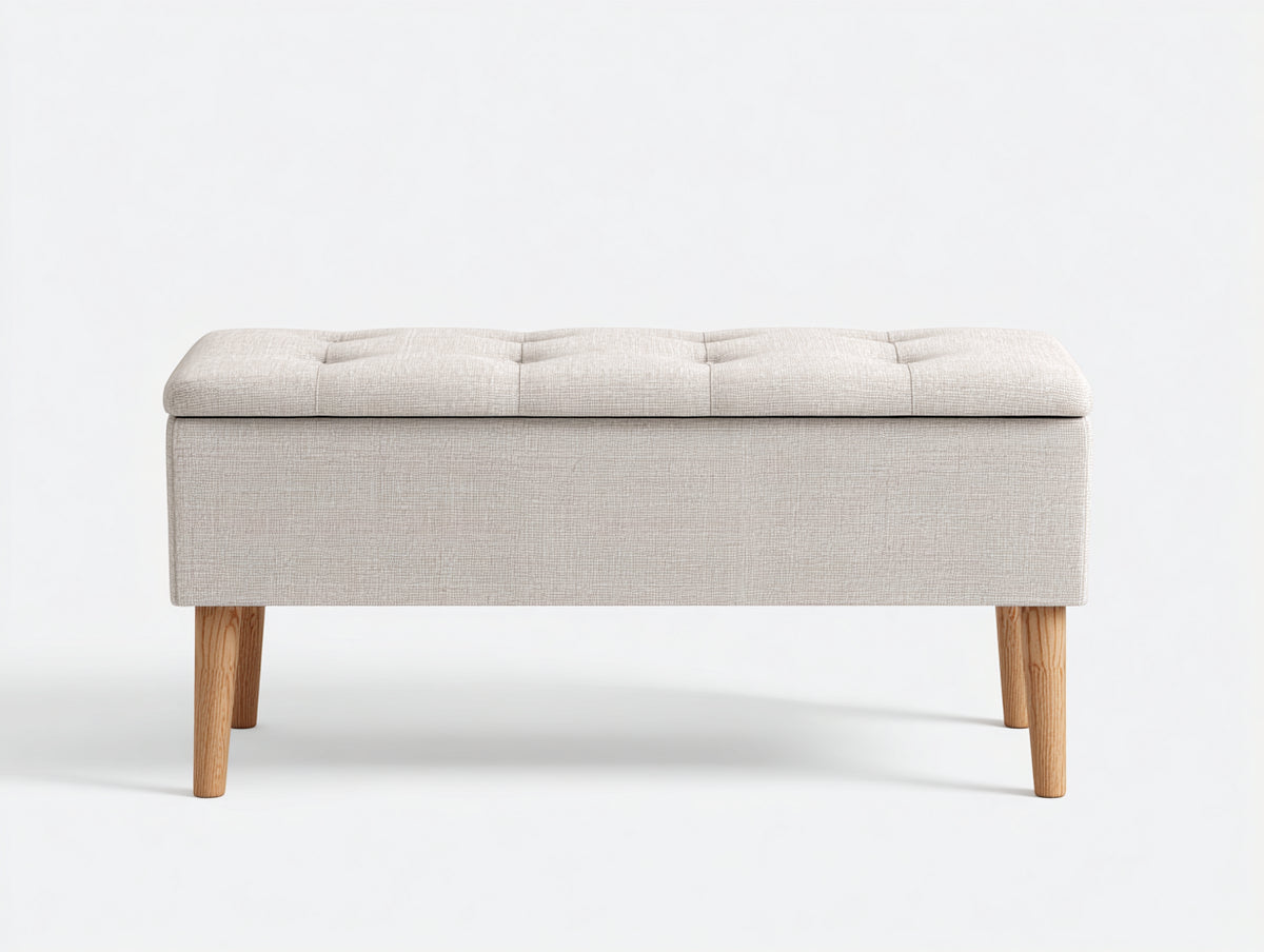 Banc 150×42×46 cm - tissu gris clair et pieds bois clair - coffre bas rembourré style contemporain pour salle à manger