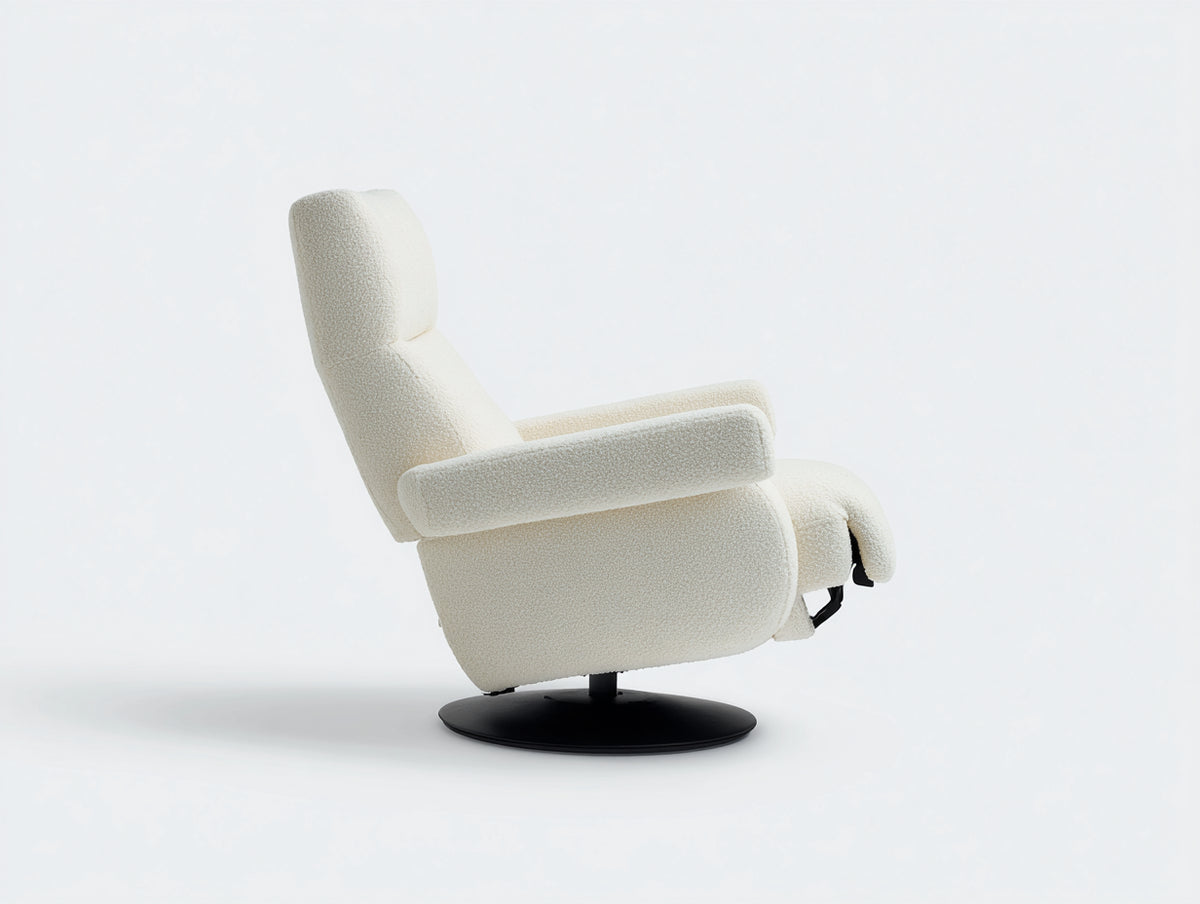 Fauteuil relax 88×82×105 cm - tissu bouclé blanc et base noire pivotante - dossier inclinable style contemporain salon