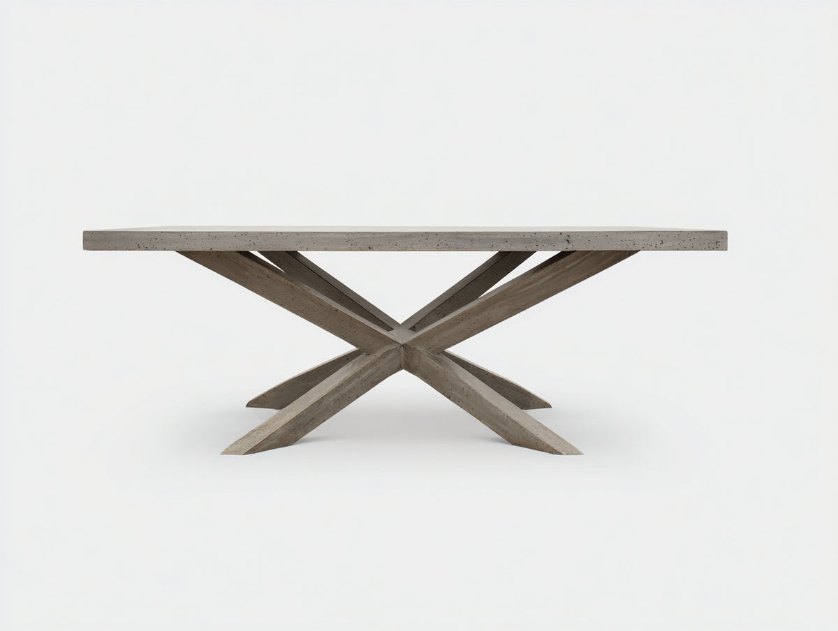 Console 245×100×76 cm - plateau gris pierre et piètement croisé en bois - style contemporain pour chambre à coucher