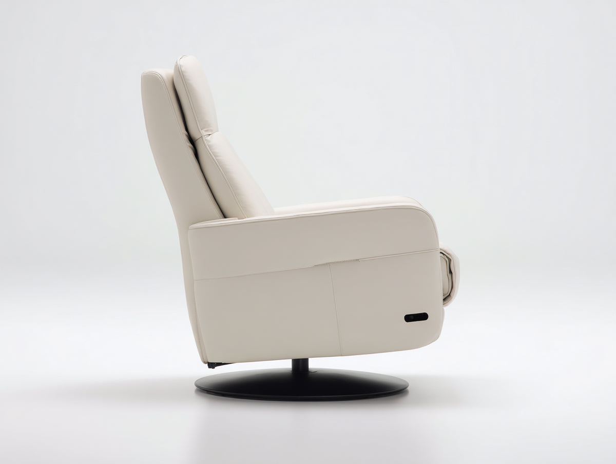 Fauteuil inclinable 90×84×102 cm - revêtement blanc doux et socle noir rond - assise pivotante ergonomique pour salon