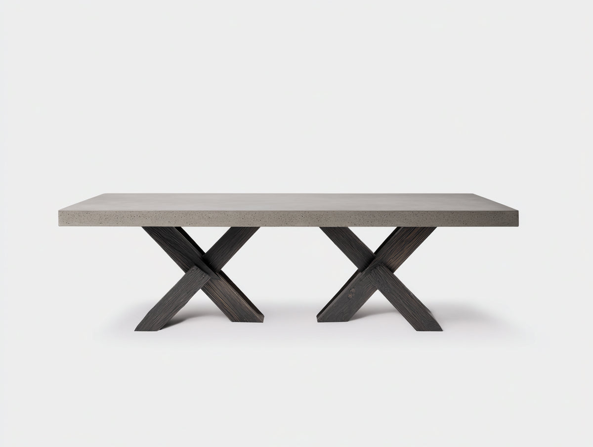 Console 230×90×75 cm - surface minérale gris clair et base en bois croisé - mobilier moderne pour chambre à coucher