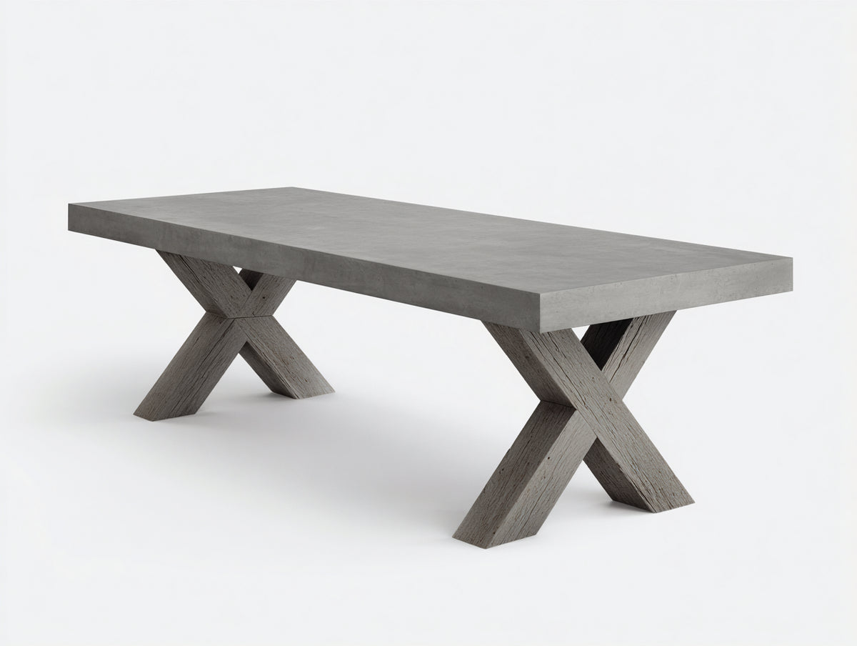Console 230×90×75 cm - surface minérale grise et support en bois croisé - mobilier moderne industriel doux chambre à coucher