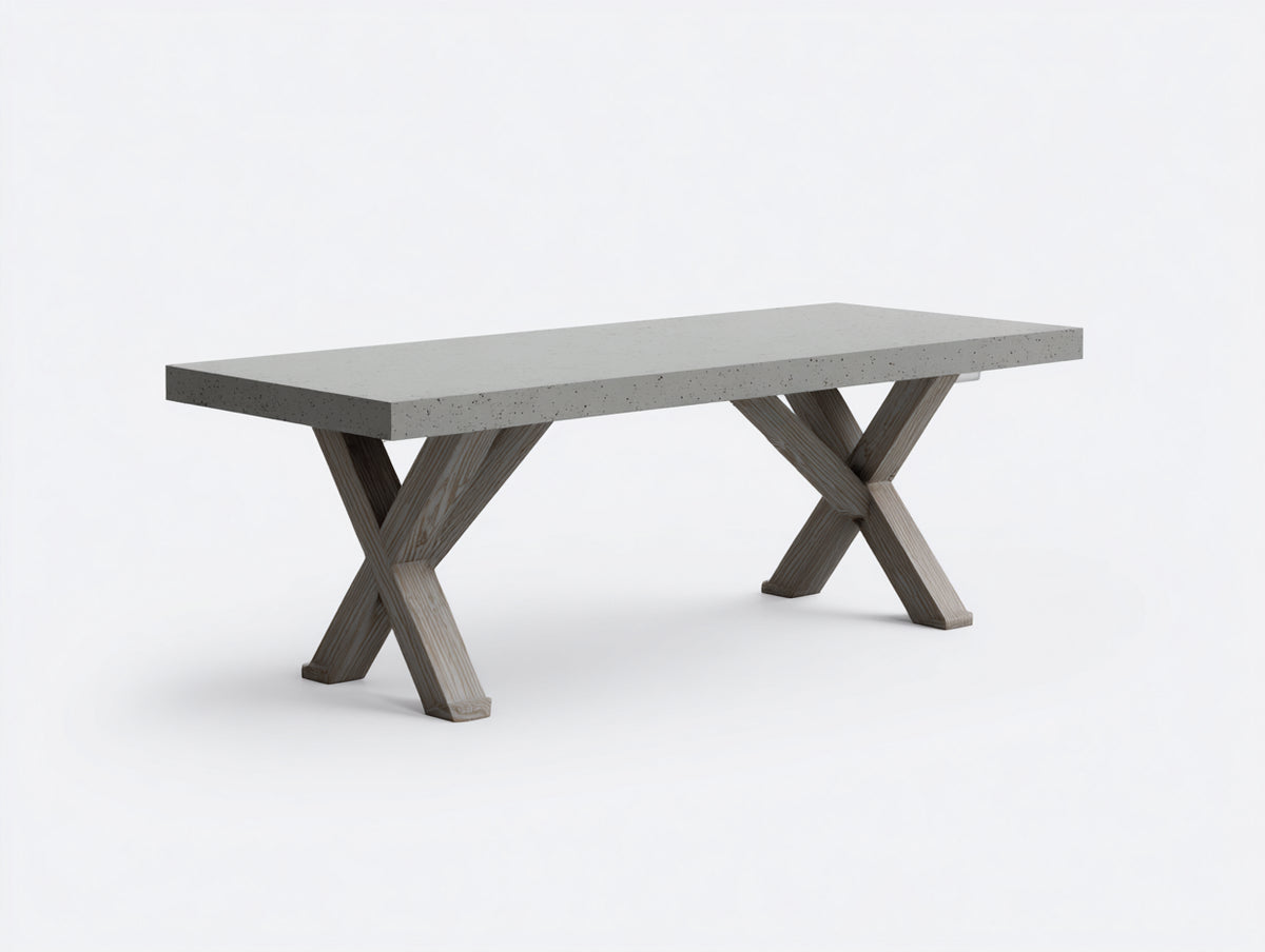 Console 230×90×75 cm - surface minérale grise et base bois croisée - décoration moderne pour chambre à coucher