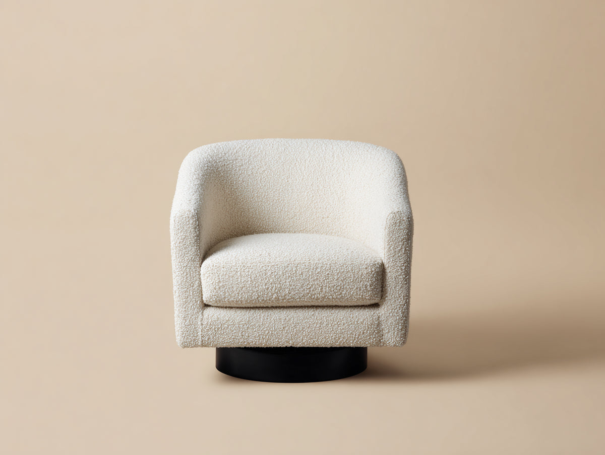 Fauteuil club pivotant 88×84×80 cm - tissu bouclé ivoire et socle noir rond - design cocon confortable pour salon